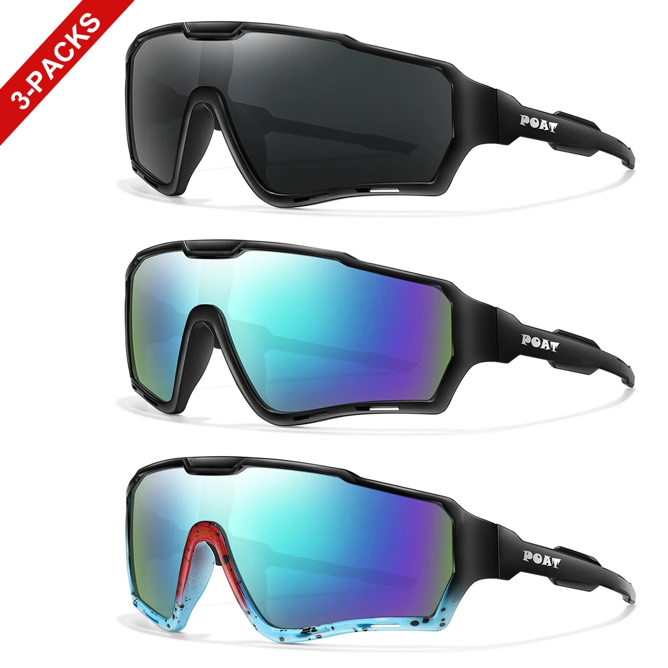 3-pairs Men and Women's Sunglasses Large Frame Colorful UV400 Glasses for Riding Hiking Running and Climbing Unisex