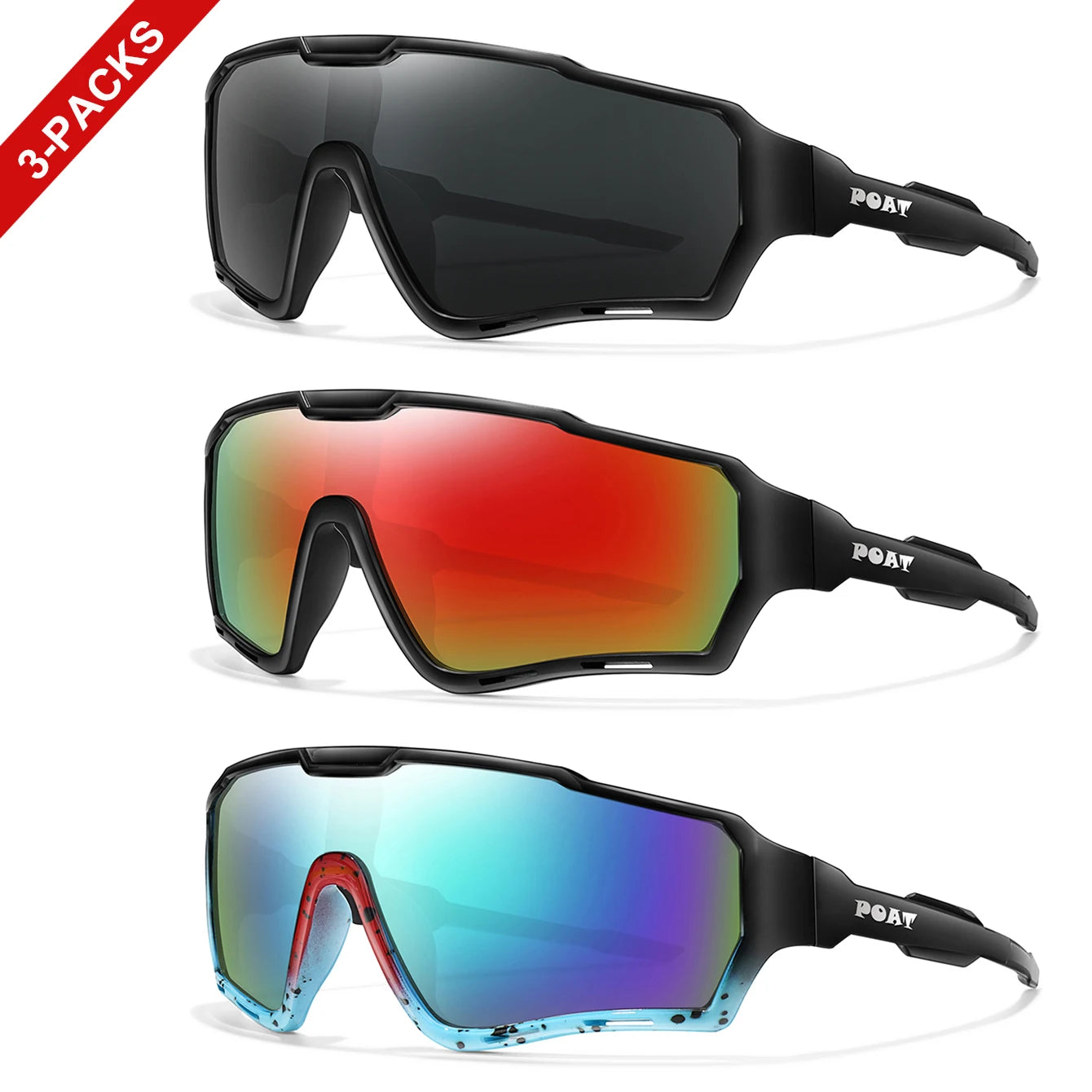 3-pairs Men and Women's Sunglasses Large Frame Colorful UV400 Glasses for Riding Hiking Running and Climbing Unisex